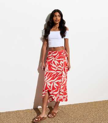 Red Leaf Print Sarong Midi Skirt