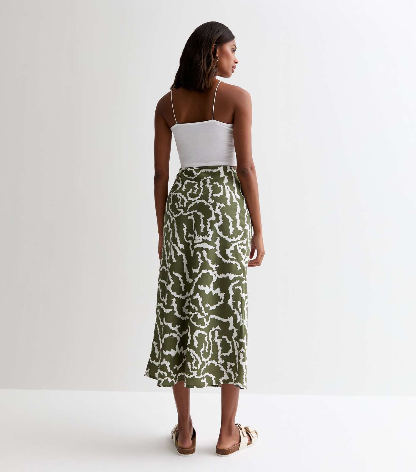 Green Patterned Bias Cut Midi Skirt Image 4