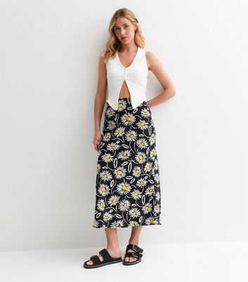 Black Daisy-Print Midi Skirt New Look