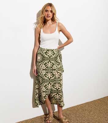 Green Tropical Print Wrap Sarong Skirt