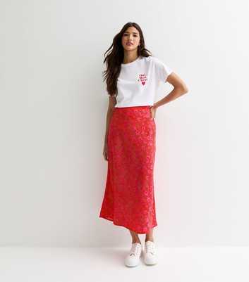 Red Floral Spot Print Bias Cut Midi Skirt