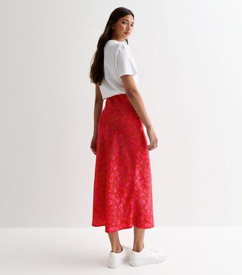 Red Floral Spot Print Bias Cut Midi Skirt New Look