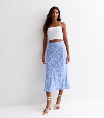 Blue Spot Print Bias Cut Midi Skirt | New Look