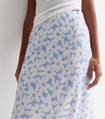 Blue Retro Floral Print Bias Cut Midi Skirt New Look