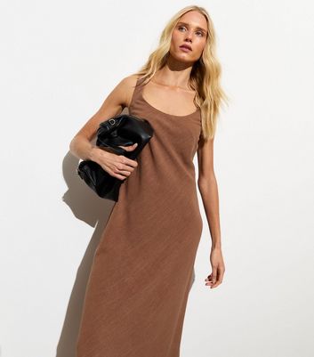 Brown Linen-Blend Sleeveless Midi Dress New Look