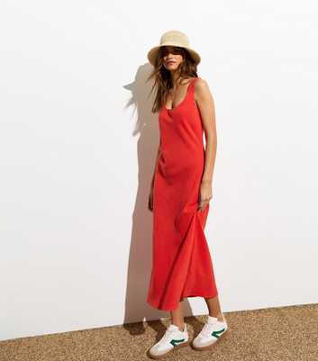 Red Linen-Blend Sleeveless Midi Dress