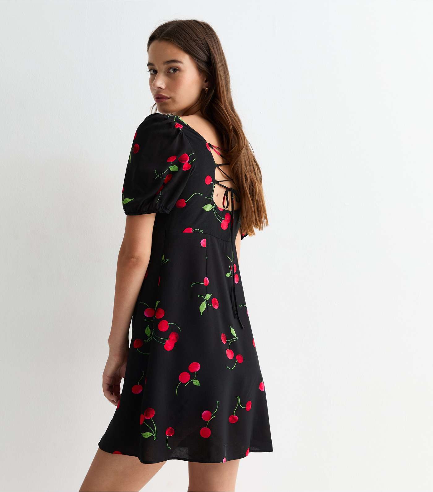 Black Cherry Print Lace Up Back Mini Dress Image 4