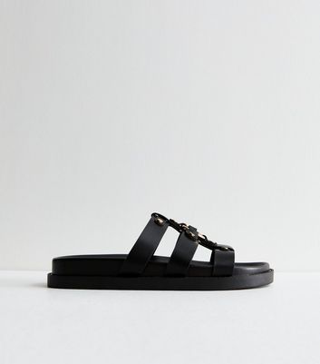 Black Leather-Look Ring Detail Chunky Sliders New Look