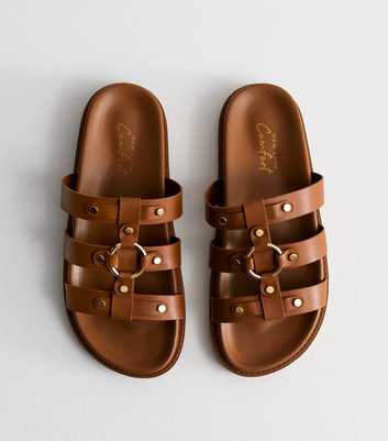 Tan Leather-Look Ring Detail Chunky Sliders