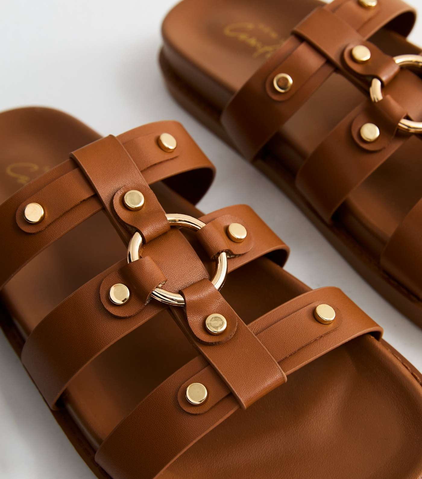 Tan Leather-Look Ring Detail Chunky Sliders Image 4
