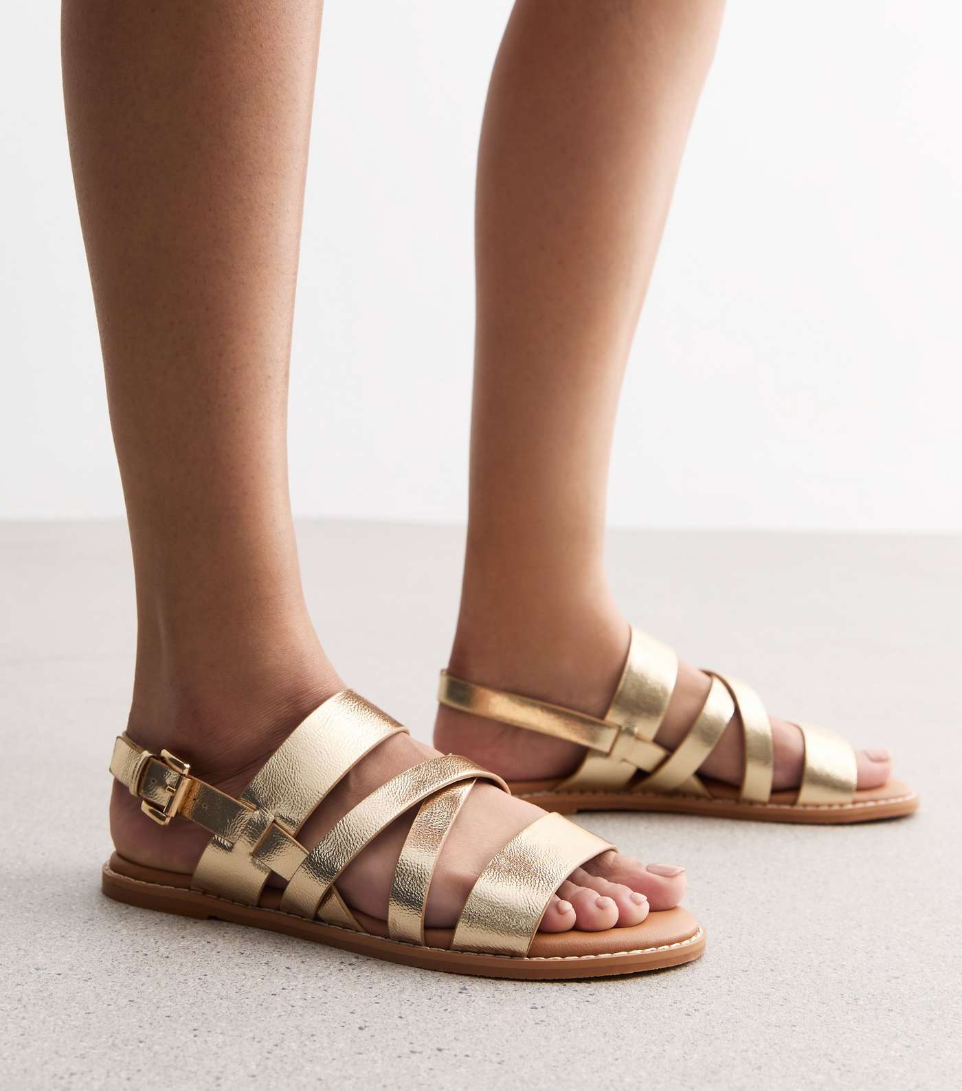 Wide Fit Gold Leather-Look Strappy Sandals Image 2