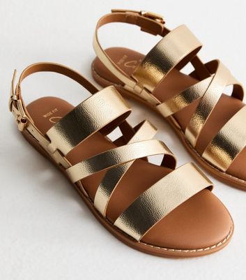 Wide Fit Gold Leather-Look Strappy Sandals New Look