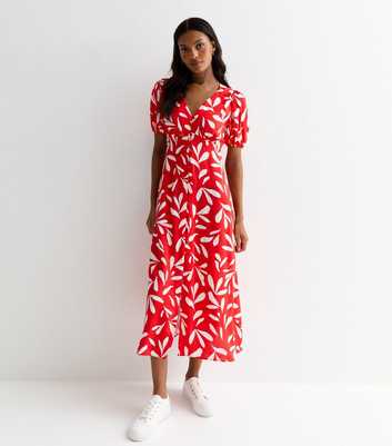 Red Buttoned Leaf Print Midi Dress