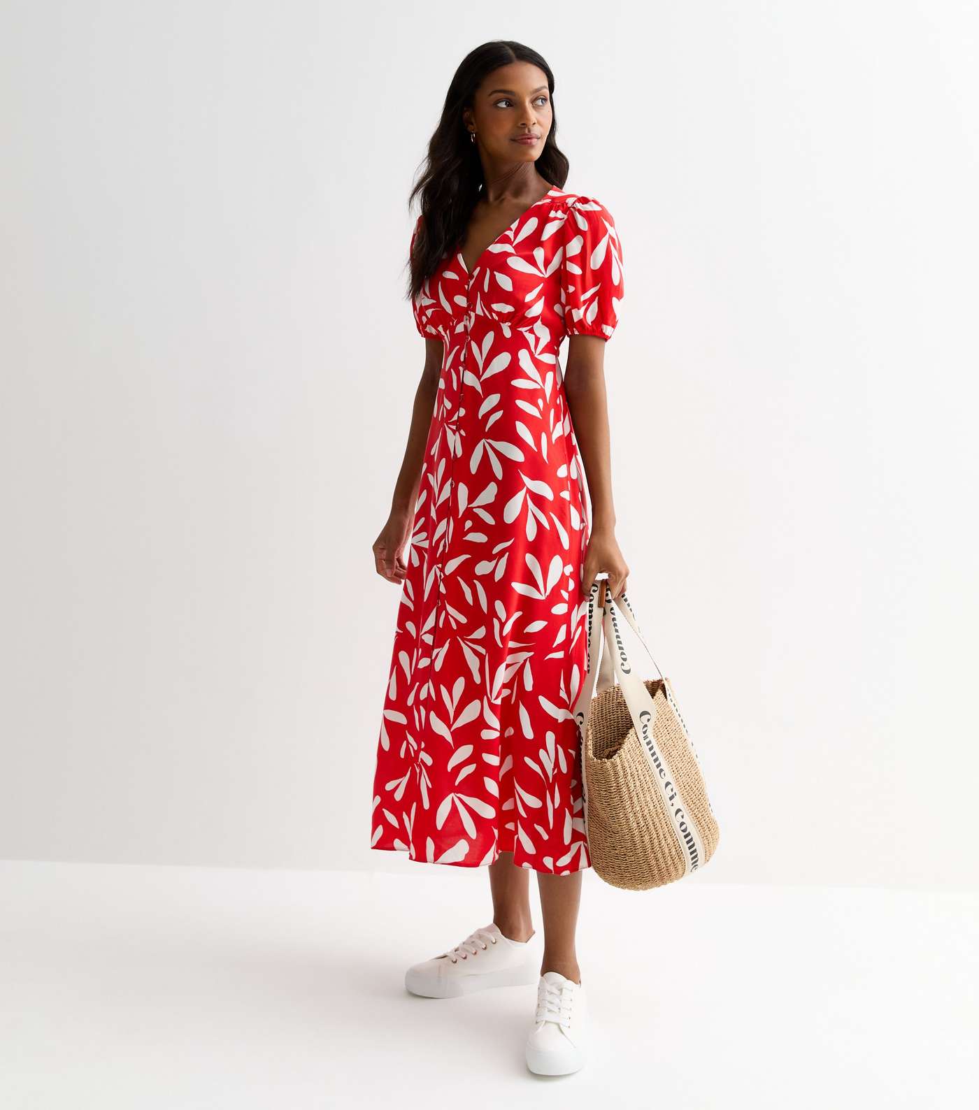 Red Buttoned Leaf Print Midi Dress Image 3