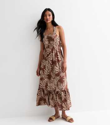 Brown Cotton Leaf Print Tiered Midi Dress