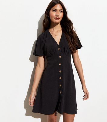 Black Buttoned Mini Dress New Look