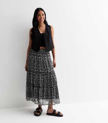 Black Abstract Print Chiffon Tiered Midi Skirt