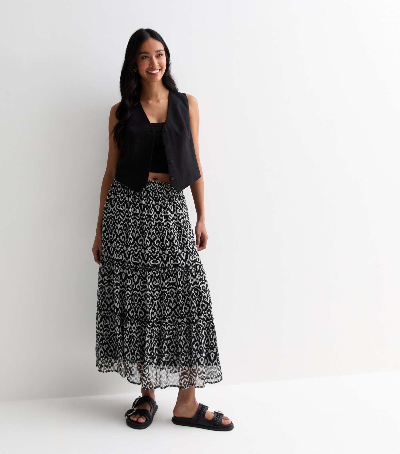 Black Abstract Print Chiffon Tiered Midi Skirt