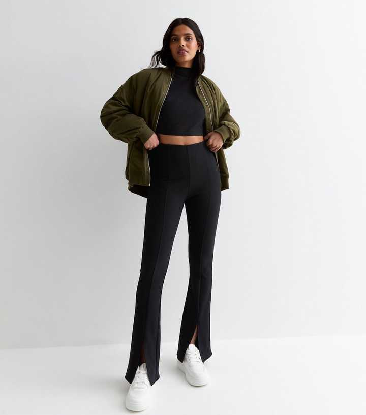 Black Ribbed Split Front Flared Trousers