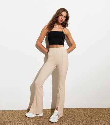 Stone Ribbed Split Front Flared Trousers