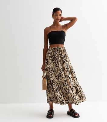Brown Abstract Print Textured Tiered Midi Skirt