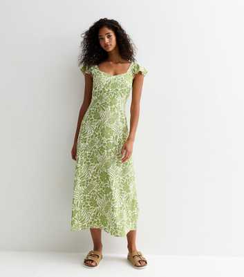 Green Floral Print Flutter Sleeve Midi Dress