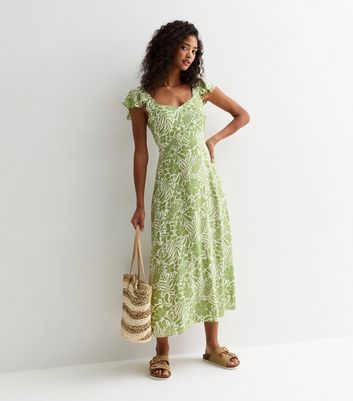 Green Floral Print Flutter Sleeve Midi Dress New Look