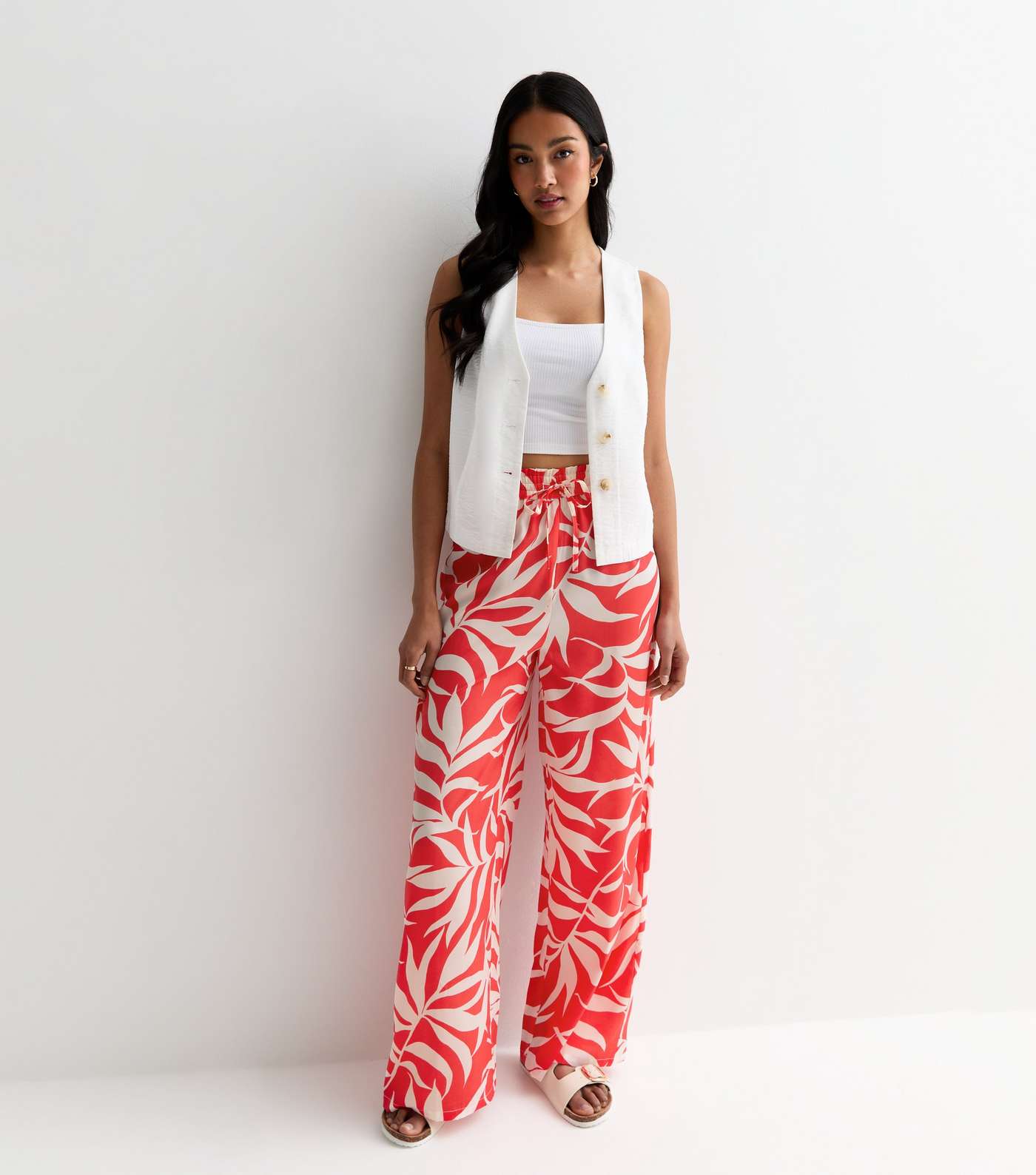 Red Palm Print Wide Leg Trousers Image 3