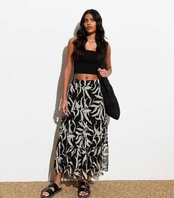 Black Leaf Print Chiffon Tiered Midi Skirt