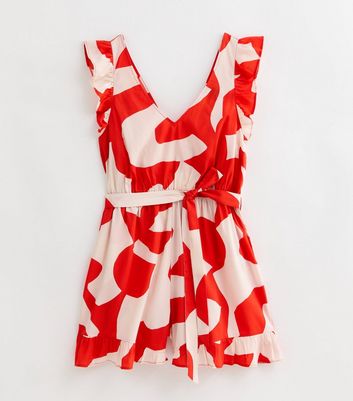 Curves Red Abstract Print V Neck Belted Playsuit New Look