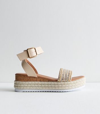 Gold Leather-Look Embellished Two Part Flatform Sandals | New Look