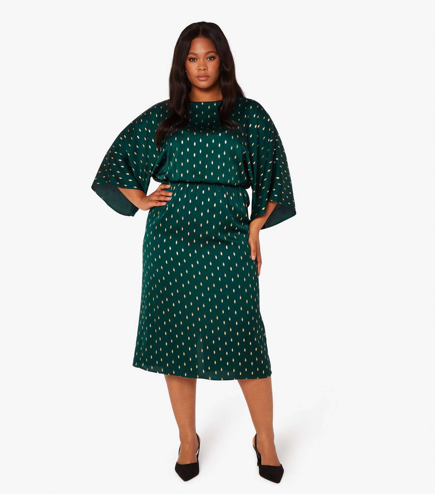 Apricot Curves Green Satin Foil Midi Dress Image 2
