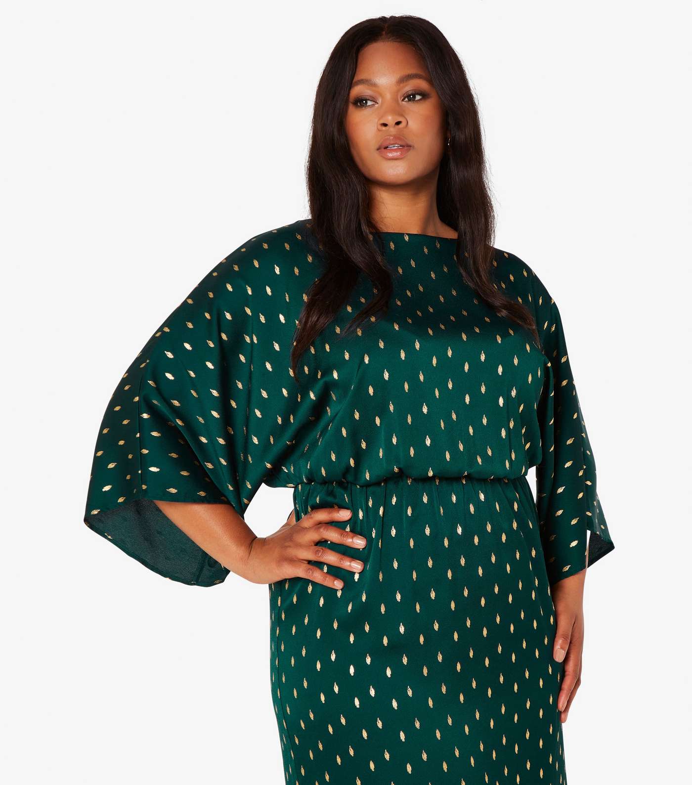 Apricot Curves Green Satin Foil Midi Dress Image 4