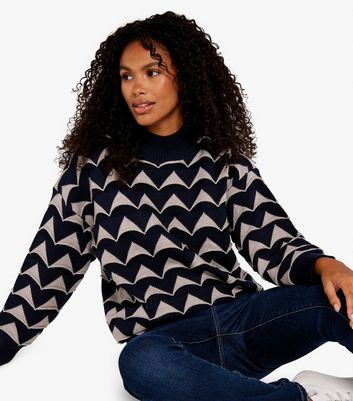 Apricot Navy Mountain Stripe High Neck Jumper New Look