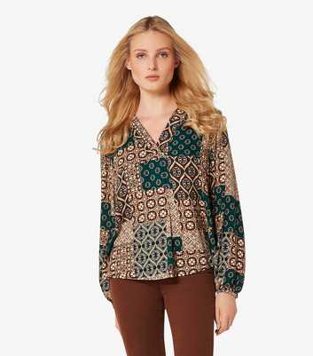 Apricot Green Retro Patchwork Print Long Sleeve Top