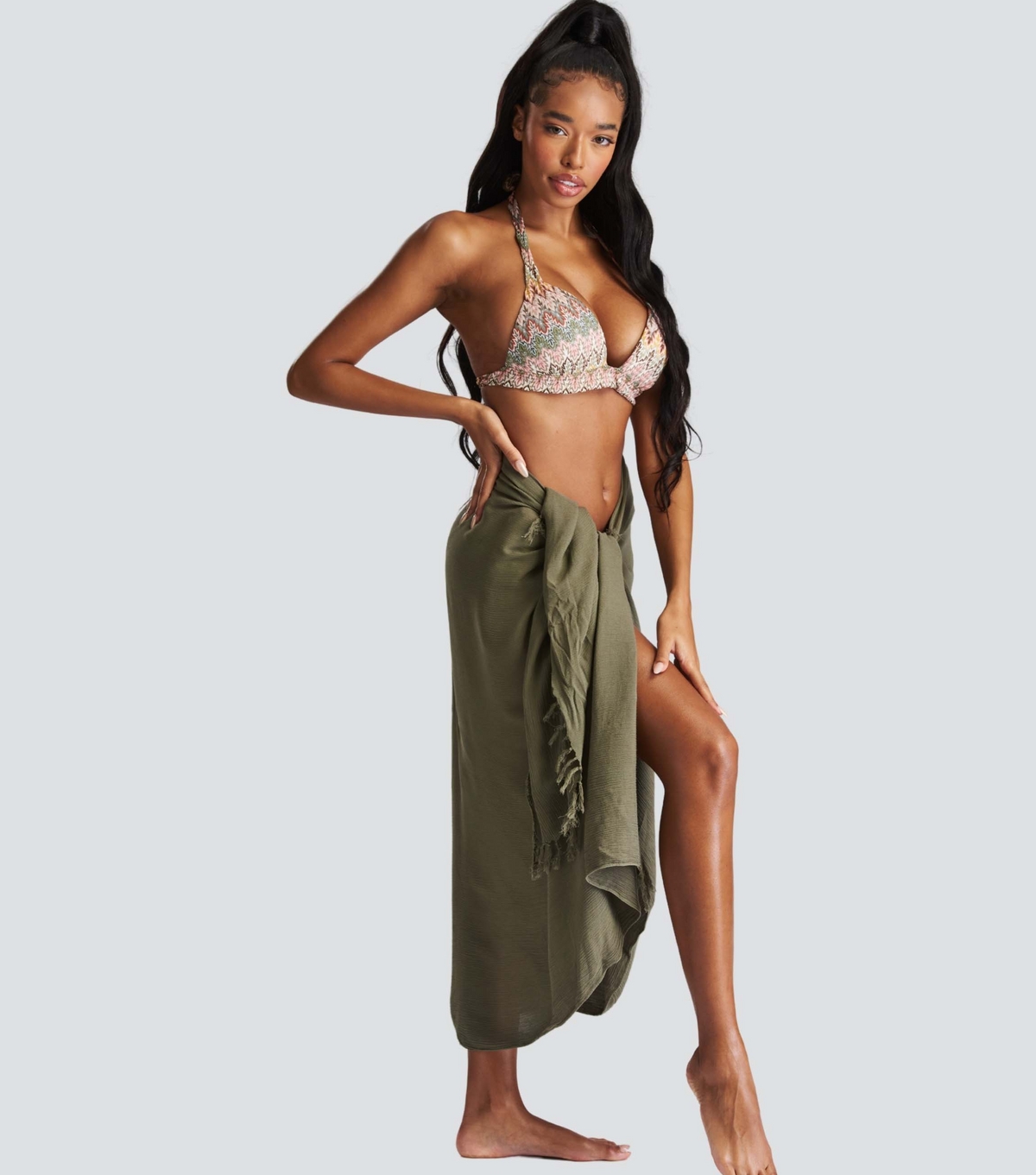 Women's Khaki Crinkle Fringed Midi Sarong South Beach New Look