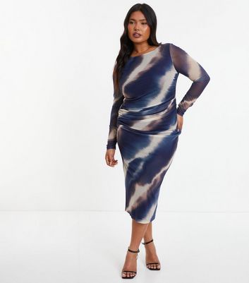 QUIZ Curves Navy Abstract Print Mesh Midi Dress New Look