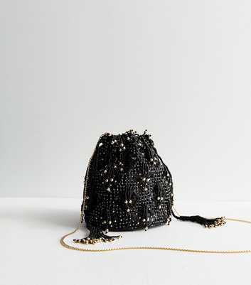 Black Beaded Shoulder Bucket Bag