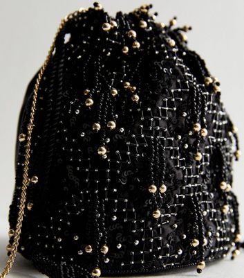 Black Beaded Shoulder Bucket Bag New Look