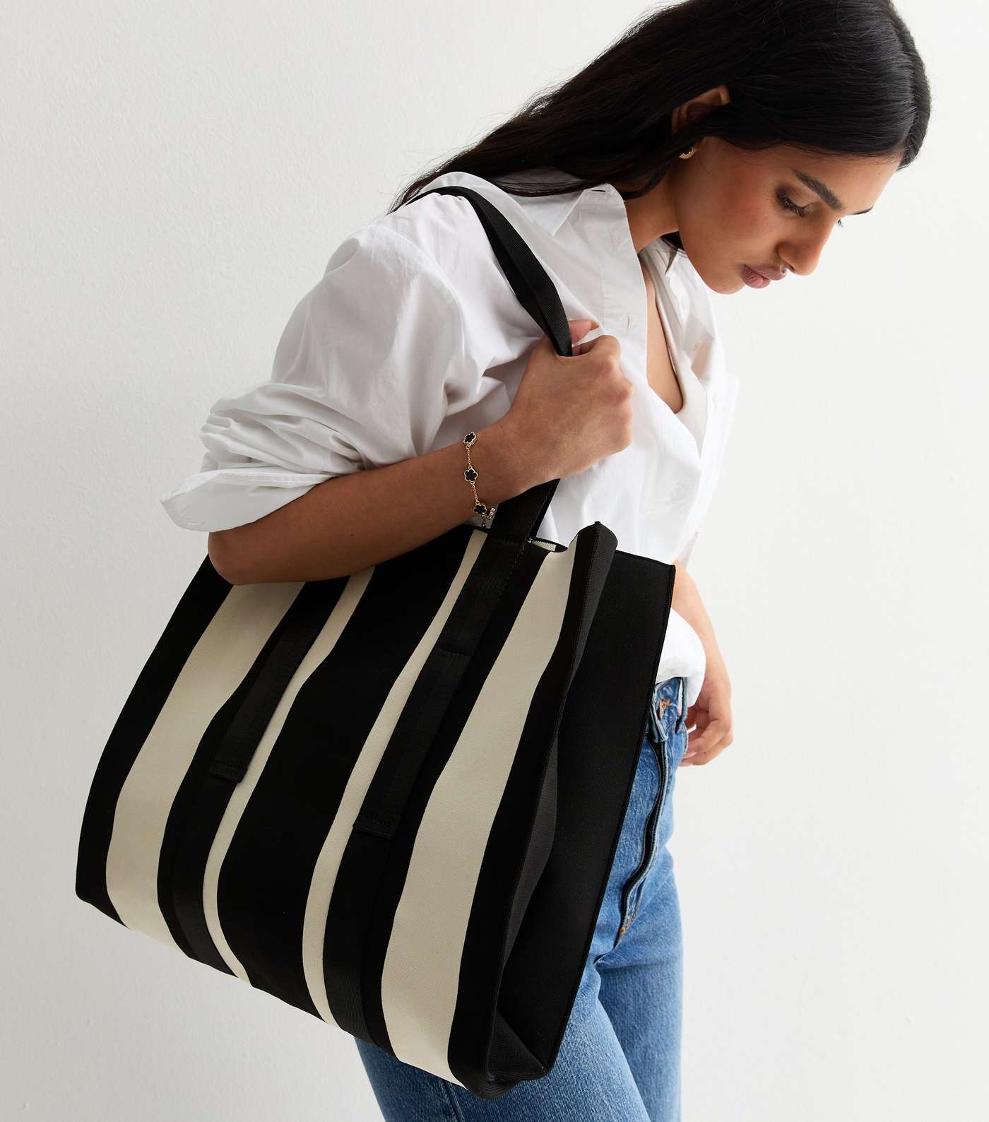 Black Knit Stripe Tote Bag Image 2