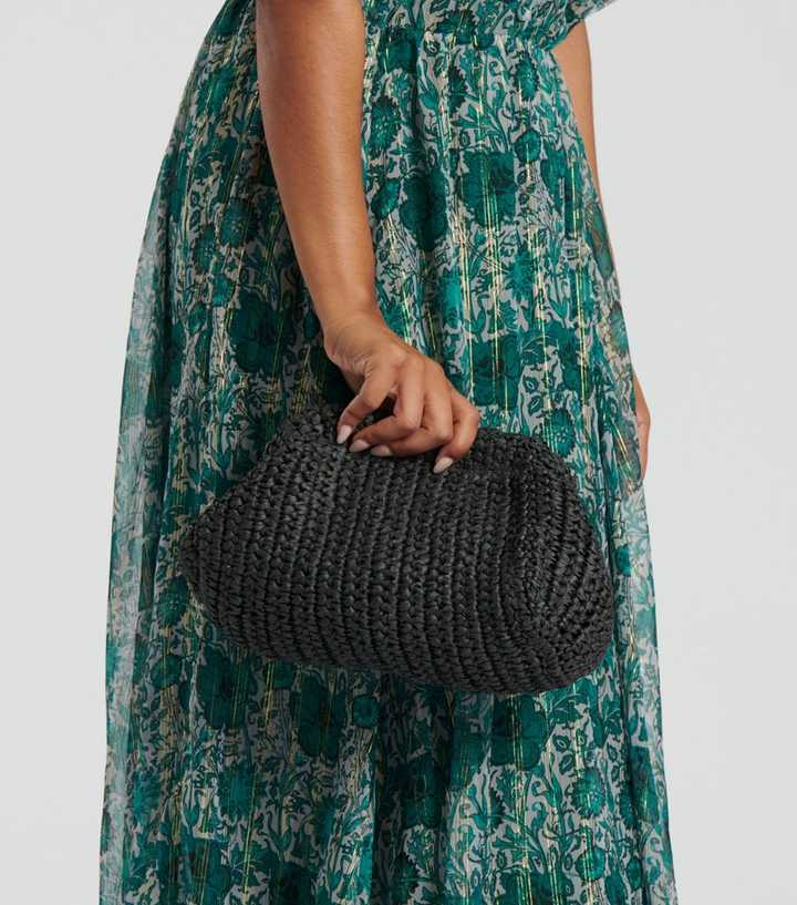 South Beach Black Straw Clutch Bag