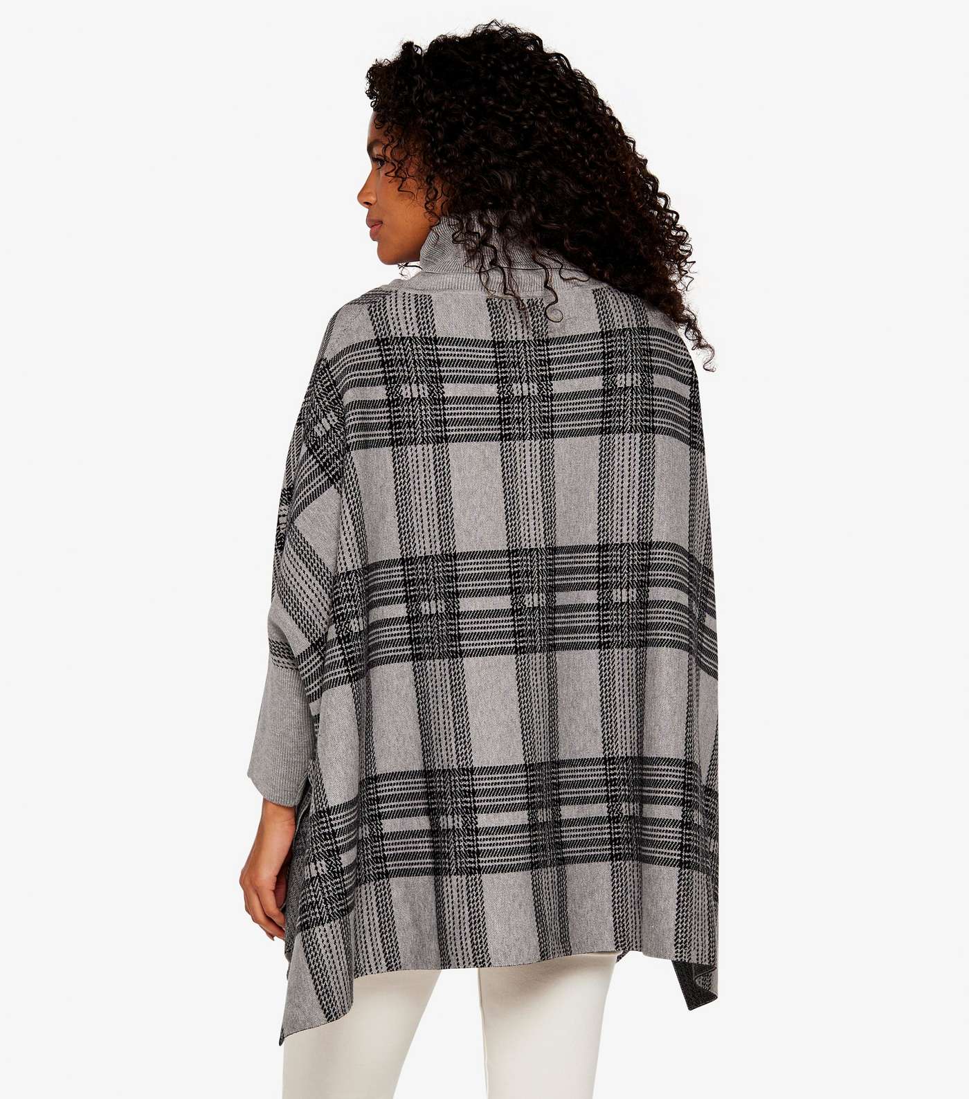 Apricot Light Grey Check Roll Neck Knitted Poncho Image 3