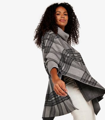 Apricot Light Grey Check Roll Neck Knitted Poncho New Look