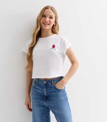 Girls White Cotton Quit Buggin' Me Crop Logo T-Shirt