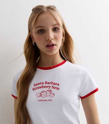 Girls White Strawberry Farm Logo Ringer T-Shirt