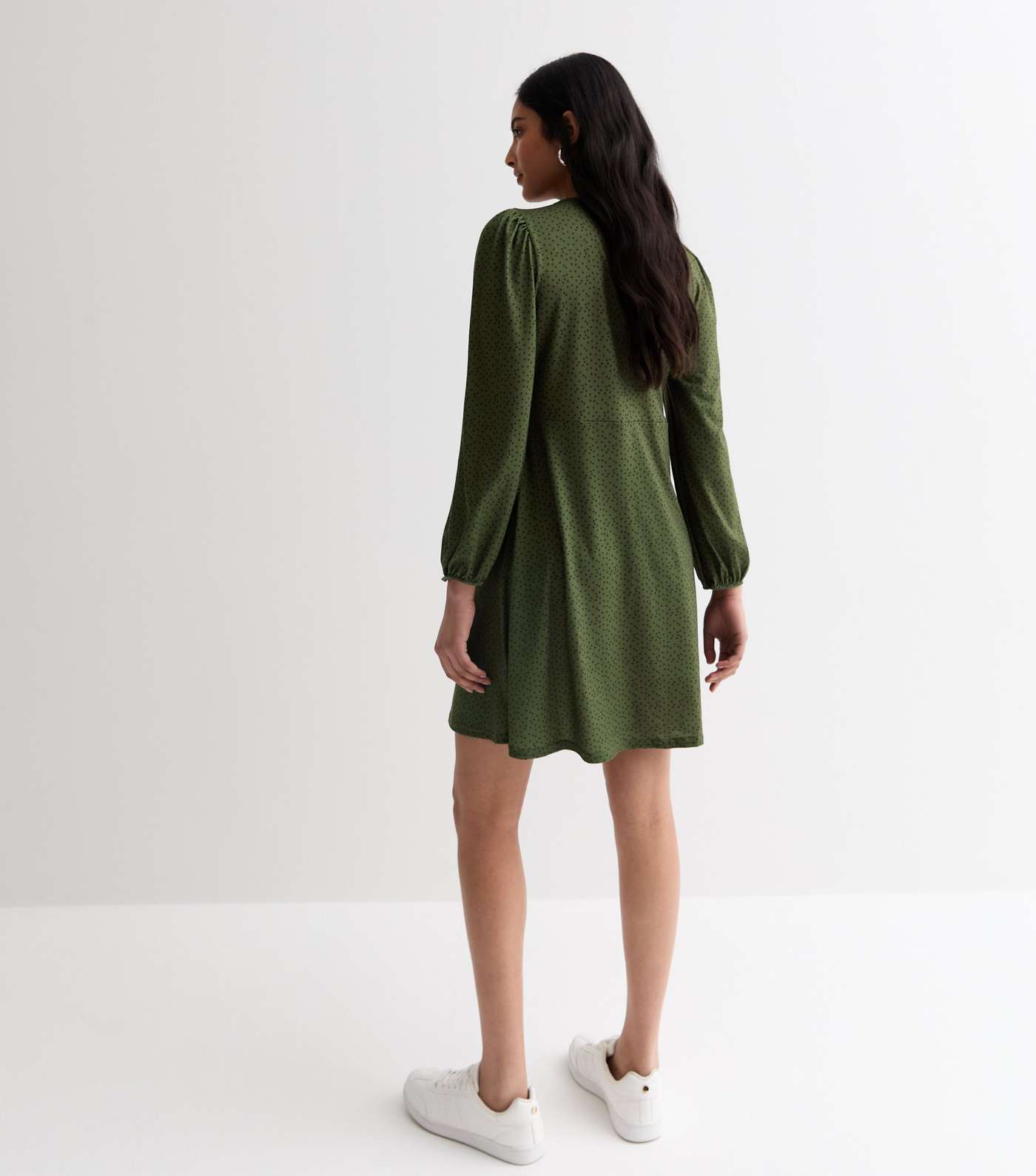 Green Polka Dot Puff Sleeve Mini Dress Image 4