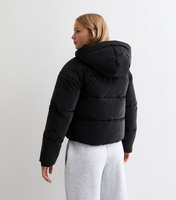 Black padded coat with hood on sale