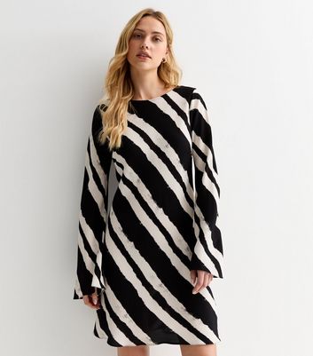 Black Diagonal Stripe Long Sleeve Mini Dress New Look