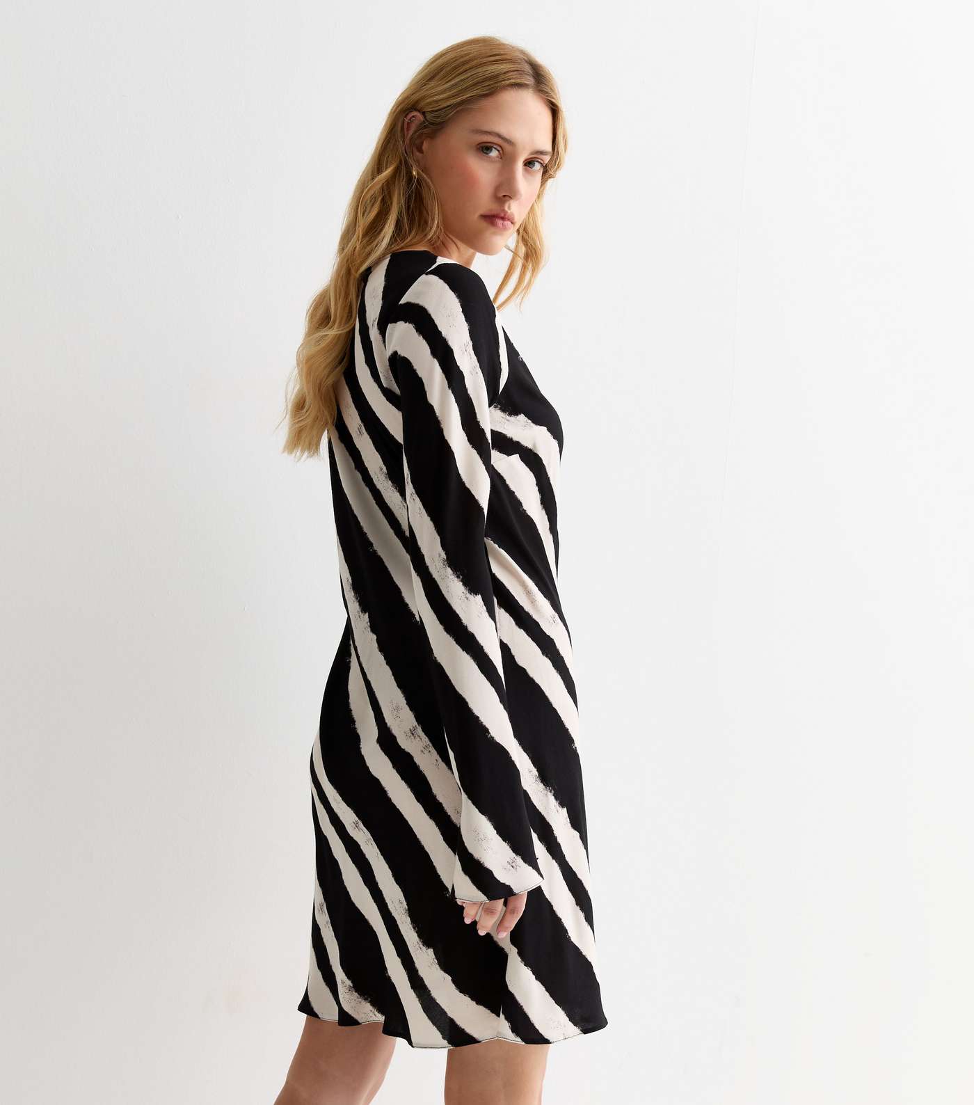 Black Diagonal Stripe Long Sleeve Mini Dress Image 4