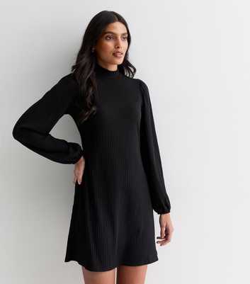 Black Ribbed Jersey High Neck Mini Dress